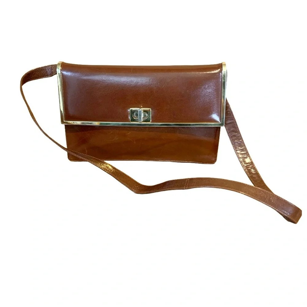 VINTAGE BALENCA BROWN LEATHER FRAMED FRONT FLAP SHOULDER BAG OR CLUTCH